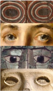 Details of four works in Connecting Cultures, from top: Korumbo Gable Painting, 20th century, unidentified Abelam artist; Girl in a Japanese Costume, circa 1890, William Merritt Chase; Mosaic Head Pendant, 700–800, unidentified Maya artist; and Life-Death Figure, circa 900–1250, unidentified Huastec artist.