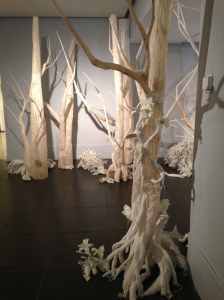 Installation view of Yeon Ji Yoo’s The Fight (2012), made of paper, paper pulp, acetate, glue, packing tape, cheesecloth, plastic flowers, recycled plastic bottles and bags