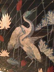 Installation view of woman’s cotton sarong incorporating Chinese-style cranes, probably from the workshop of Mrs. Wilemse (1890-1910). Central Java, Indonesia