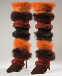 Fantasy-meets-luxury suede and shearling creation by Manolo Blanik (1997, UK). Gift of Ruffo.