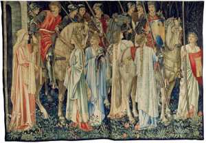 An avant-garde 1890s tapestry by Morris & Co., Edward Burne-Jones, William Morris, and John Henry Dearle (designers), The Arming and Departure of the Knights of the Round Table on the Quest for the Holy Grail. Collection of Jimmy Page, courtesy of Paul Reeves, London