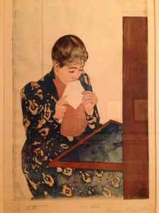 The Letter (1891) – color print with drypoint and aquatint. This is an earlier state (iii/iv) of Cassatt’s famous print minus the wallpaper pattern and letter on the desk 