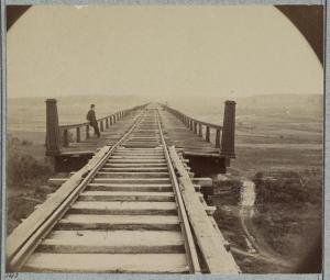 Half of Timothy O’Sullivan’s stereo photo, Farmville, Va. April 1865, High Bridge of the South Side Railroad across the Appomattox. Source: Library of Congress