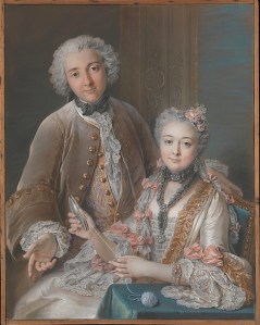 Coypel’s large 1743 double portrait – quite a masterwork in pastel, chalk, and watercolor on four joined sheets of handmade blue paper, mounted on canvas.