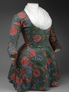 A late-18th century Indian-chintz Dutch jacket that knocked-off a French designer jacket in pink French fabric. Both have similar exotic floral prints. Source: The Met