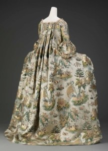 1730s Dutch brocaded satin, featuring exotic Asian islands and fauna, was refashioned into a more fashionable French frock in 1770. Source: Museum of Fine Arts, Boston. The Elizabeth Day McCormick Collection