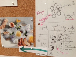 Close-up of large working board of photo and diagrams document the plating and components of each dish. Courtesy: elBullifoundation