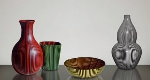 Scarpa’s striped Rigati e tessuti glass pieces (1938–1940). Sources: private collection; Carraro Collection (Venice); European Collection