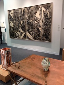 Dramatic paper collage and charcoal work by Elaine de Kooning with two Picasso ceramics at Vivian Horan 