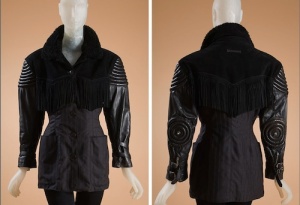 All the techniques rolled into one in Jean Paul Gaultier’s 1987 creation of leather, fake fur, suede, and wool. Note the trapunto, elbow studs, fringe, and pin stripes. Source: FIT, gift of Anne Zartaian.