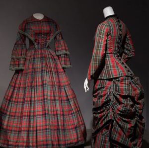 19th century passion for plaid in silk dress (1852) and wool bustle dress (1880).