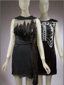 Rodarte’s California condor-inspired evening dress (2010) (left) next to their chest X-ray dress for Target (2011) (right)