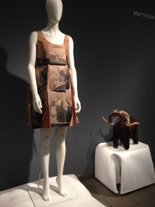 Yeohlee’s dress — Shamanistic Printed Prayer Flag Dress from Brown Kraft Paper. Among her whimsical inspirations — a ram carved in 1988 by New Mexico artist Johnson Antonio