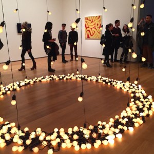 Sturtevant’s 2004 piece — a reproduction of an light bulb and cord installation “ Gonzalez-Torres Untitled (America)”. On far wall, “Study for Rosenquist’s Spaghetti & Glass”, an oil painted in 1965-1966