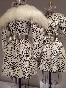 Sara Burton’s 2013 ensemble for McQueen: laser-cut pony skin bonded to leather, machine-sewn and finished with Mongolian lamb