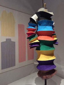 Issey Miyake ready-to-wear 1994 Flying Saucer dress fully extended; synthetic polyester that is machine pleated and stitched